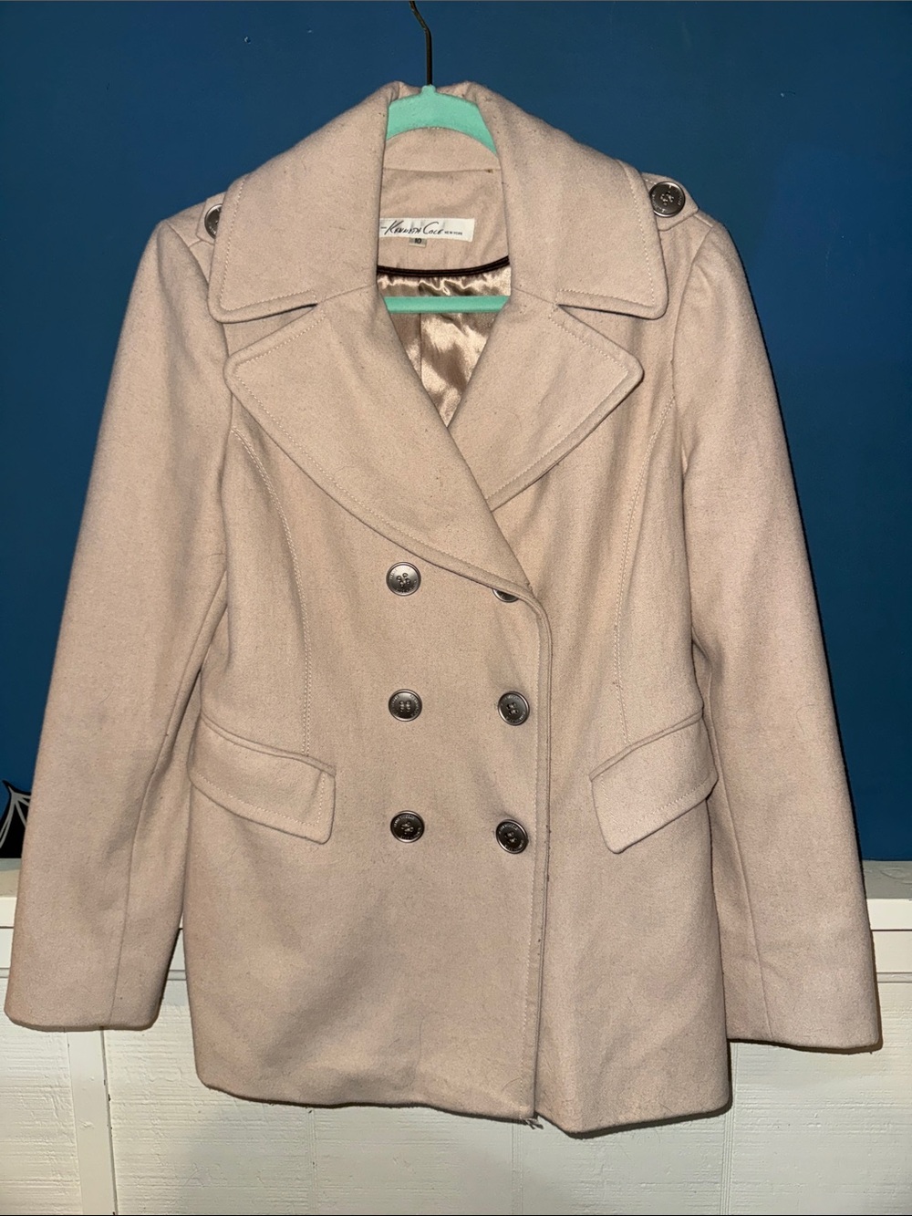 Kenneth Cole Classic Double-Breasted Wool-Blend Peacoat in Light Beige